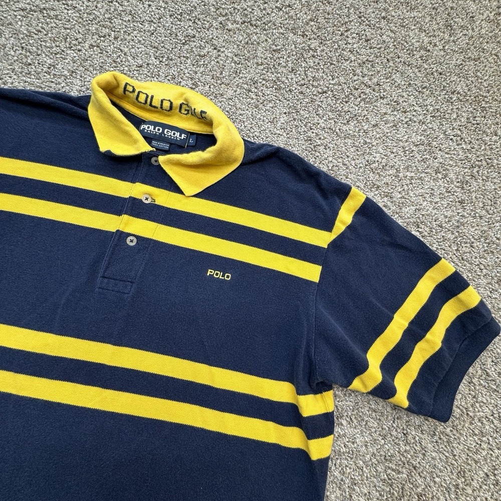 Polo‎ Golf Ralph Lauren Shirt Mens Large Navy Yellow Vintage Pique Striped Pony